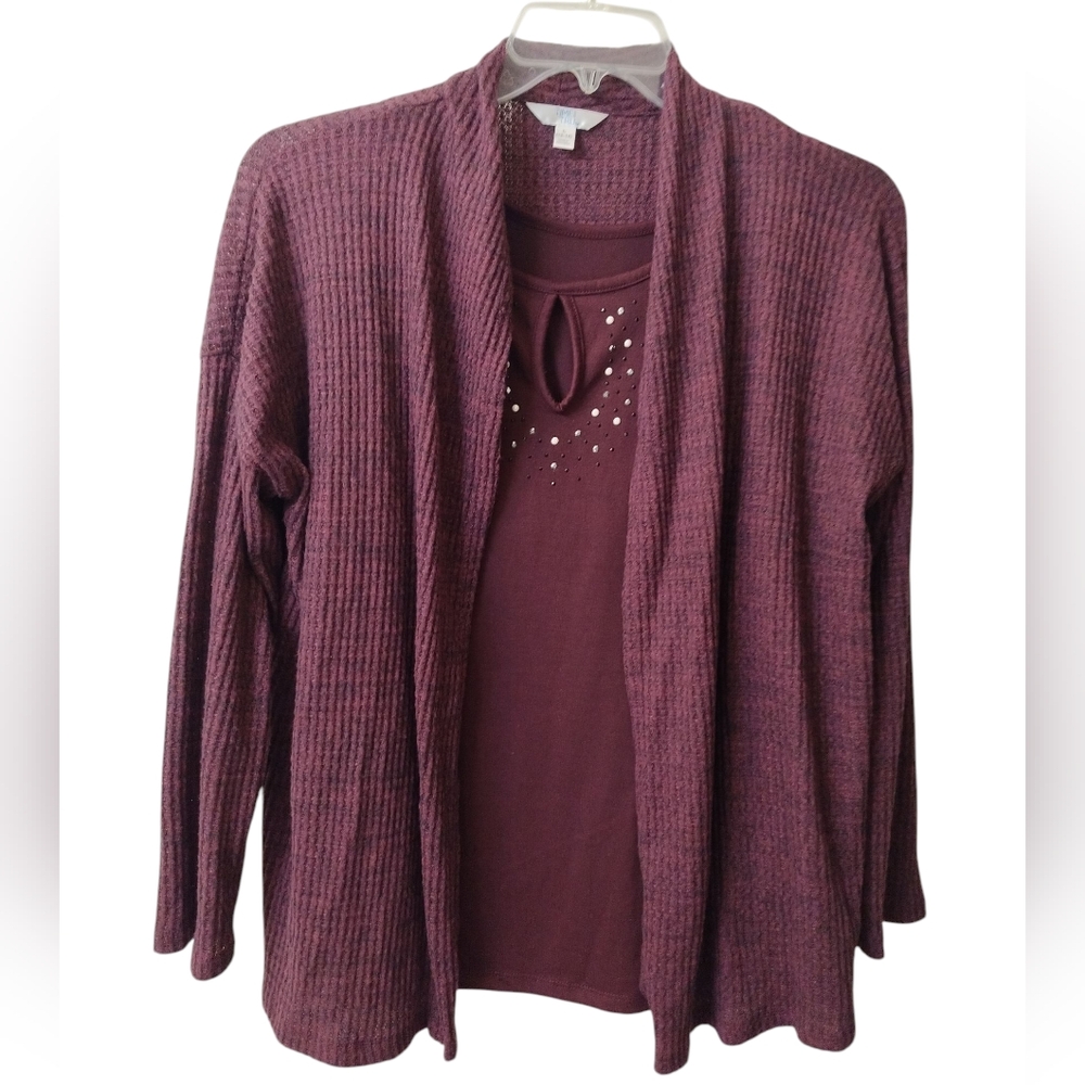 Time And Tru Ribbed Cardigan Sweater Attached Tank Set Burgundy Black, L 12-14